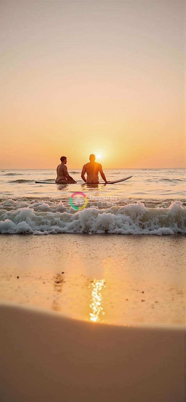 落日余晖下的冲浪者剪影：宁静海景摄影