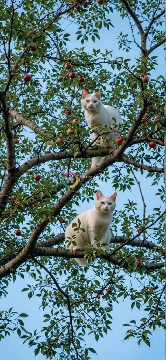 高枝上的白猫：雪白毛皮与艳阳果实共绘宁静自然之美