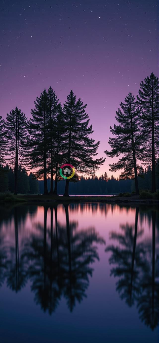 暮色紫空星辉映，湖畔松影宁静美