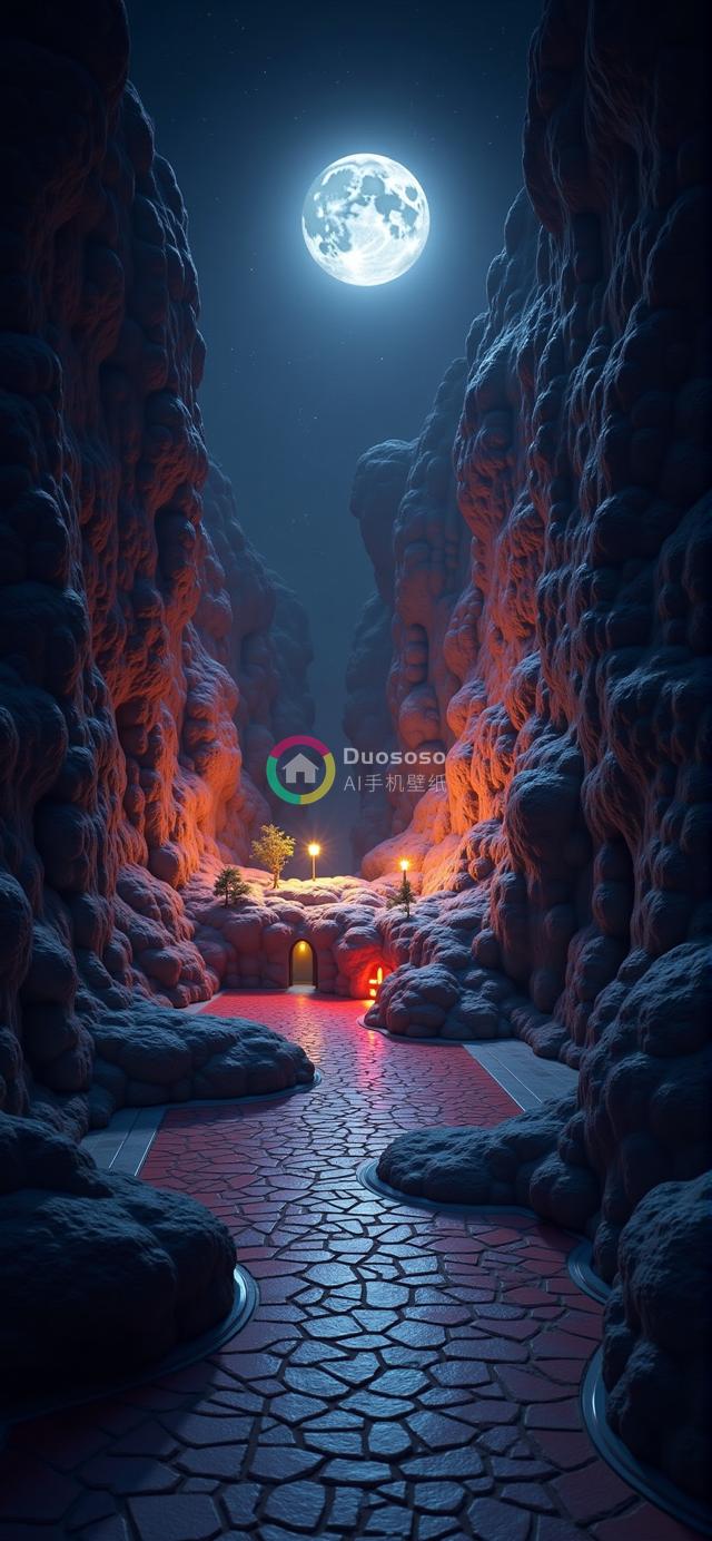 满月下神秘峡谷小径光影渲染图：洞穴般的岩壁与橙光映衬红石小路