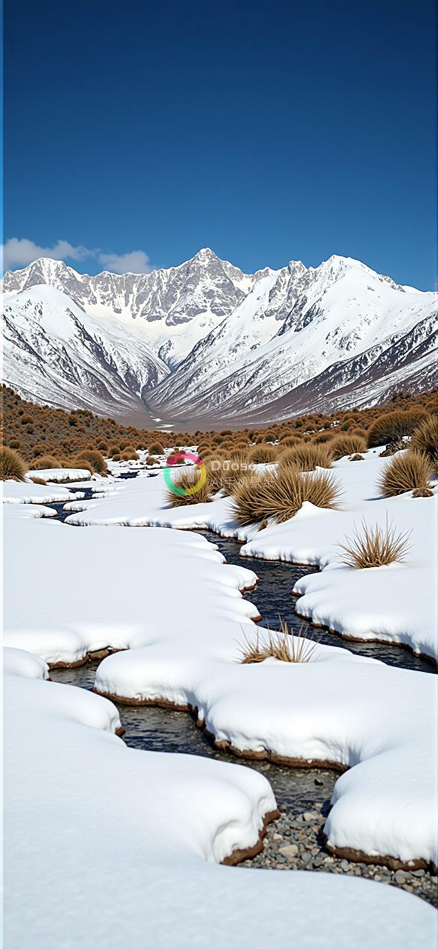 雪山流水风光摄影：清澈溪流映蓝天