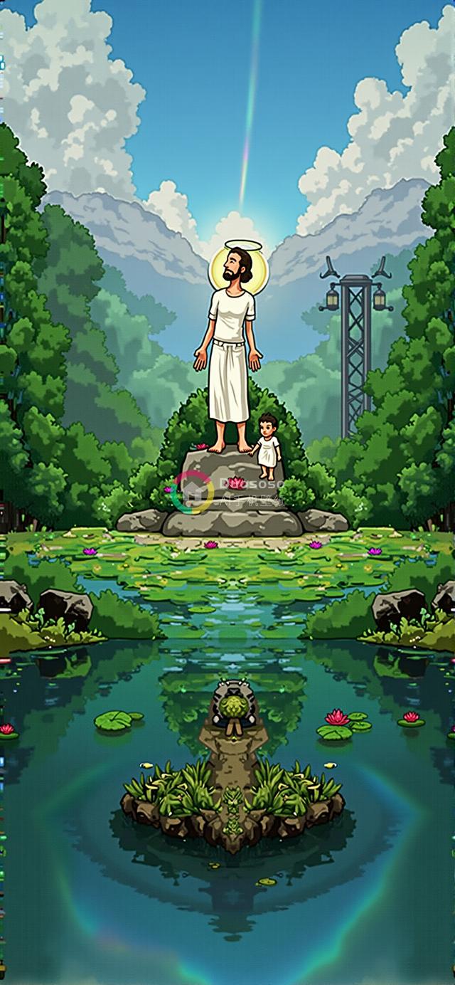 卡通风格耶稣基督圣经场景渲染图：圣光环绕下与孩童在绿林山水间的温馨时刻