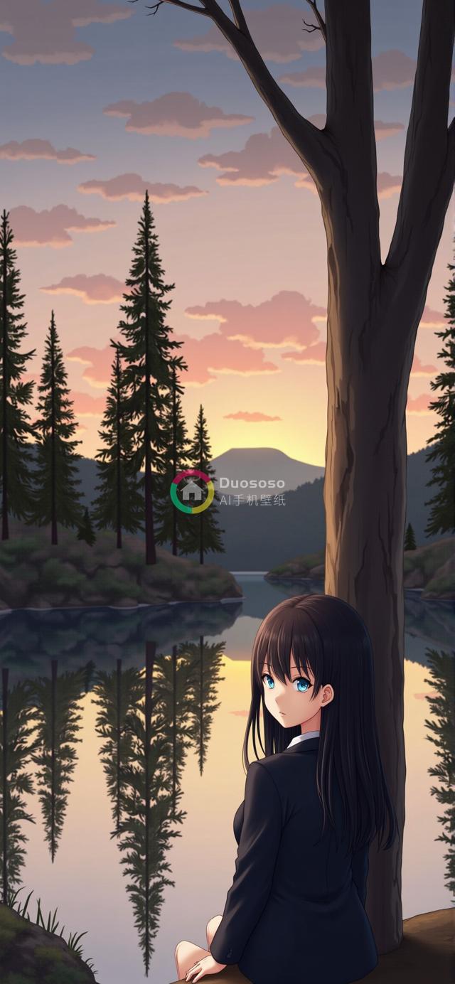 日落湖畔动漫少女遐思渲染画