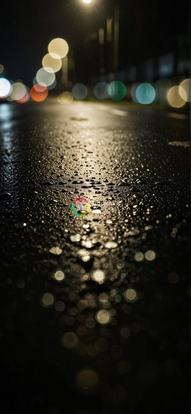 夜色中街灯映照下的湿沥青路面摄影，强调质感与光影交错