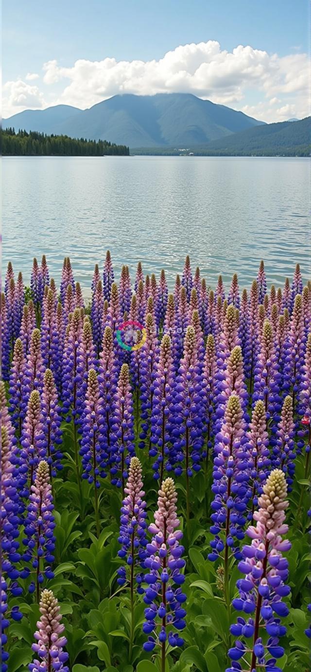 湖光山色：紫色粉色鲁冰花海映衬宁静湖泊与壮丽山脉的绝美风光