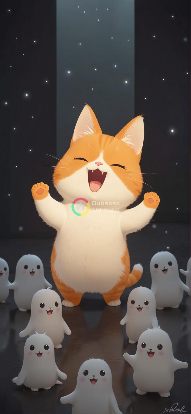 卡通风格庆祝姜猫与萌趣海豹群快乐共舞的星光夜晚插画