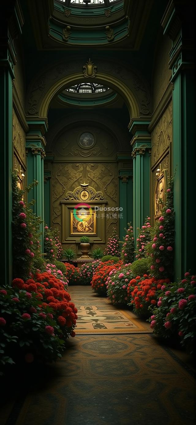 富丽堂皇鲜花装饰古典长廊：金色画框与奢华地毯交织的宁静壮丽