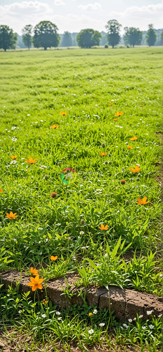 宁静乡村风光：橙色波斯菊点缀翠绿田野