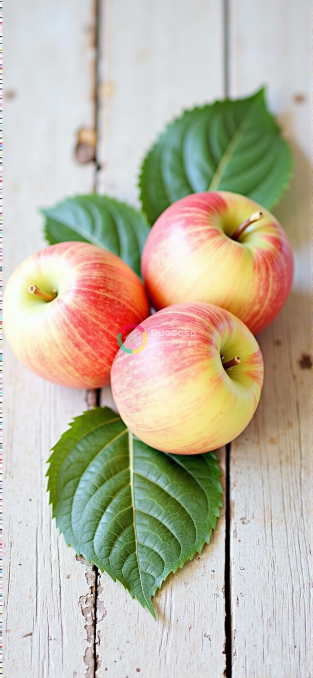 三彩苹果绿叶映白木，画面明亮引人猜想