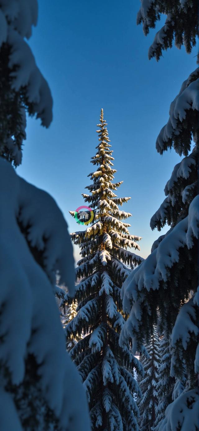 俯瞰雪覆盖常青树：宁静冬景摄影展现蓝天下雪压枝头的静谧美
