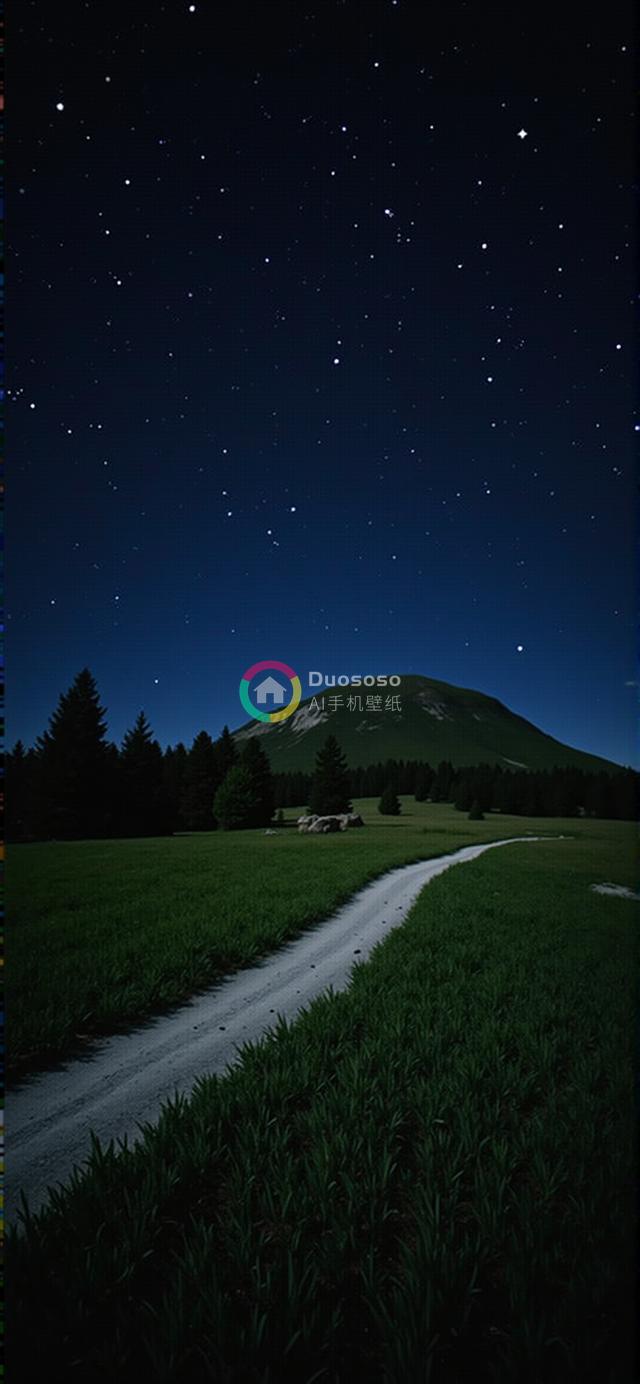 夜空繁星下通向孤独小山的碎石草地小径景观照