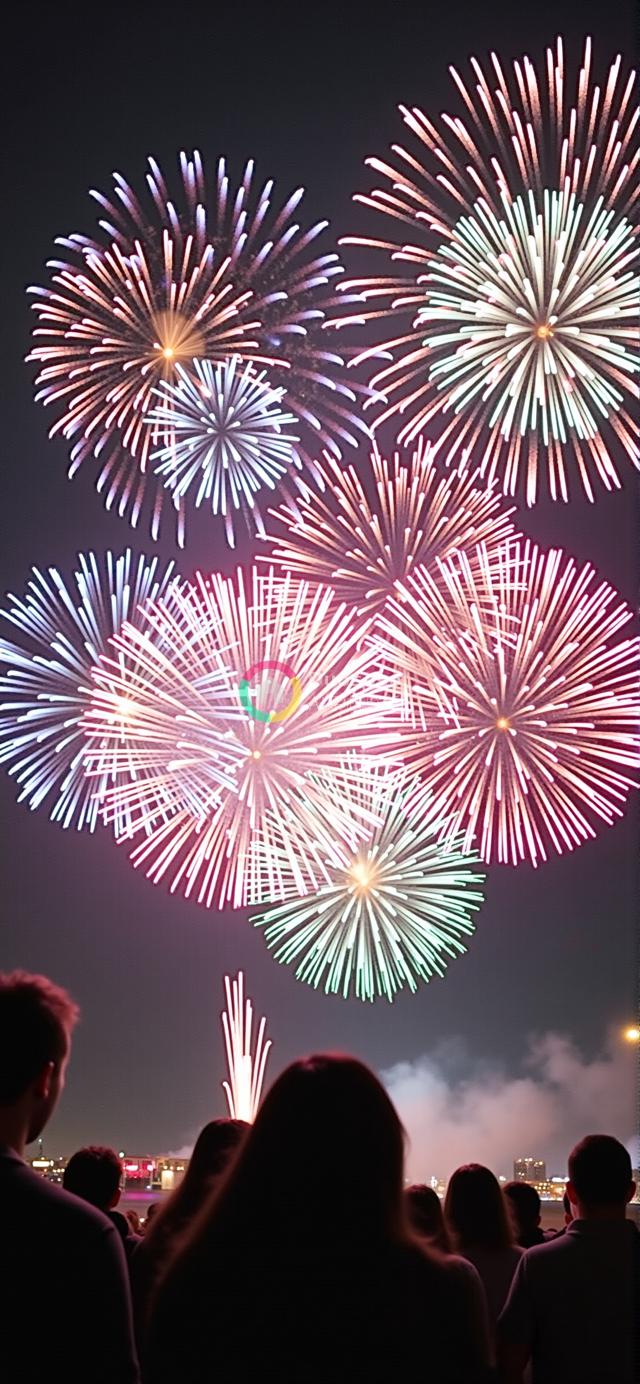 夜幕下低角度拍摄的人群剪影与绚烂烟花共舞