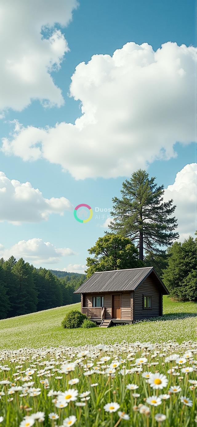 “绿茵中的雅致木屋：花海孤松，宁静自然之美”