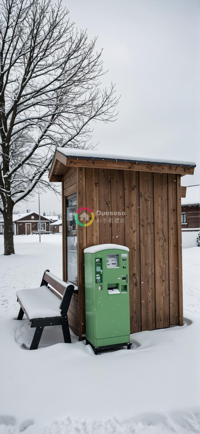 雪天木屋覆盖下的绿色自动售货机静谧画面