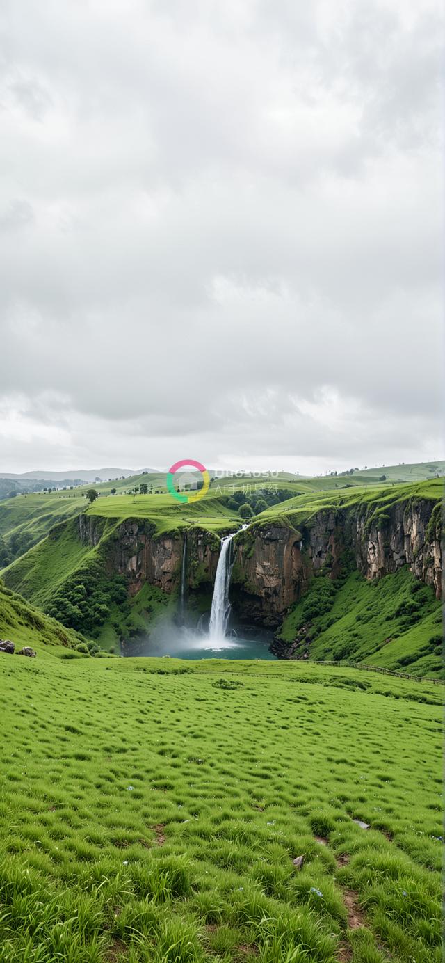 “翠谷高崖瀑布景观：碧水青山宛如画”