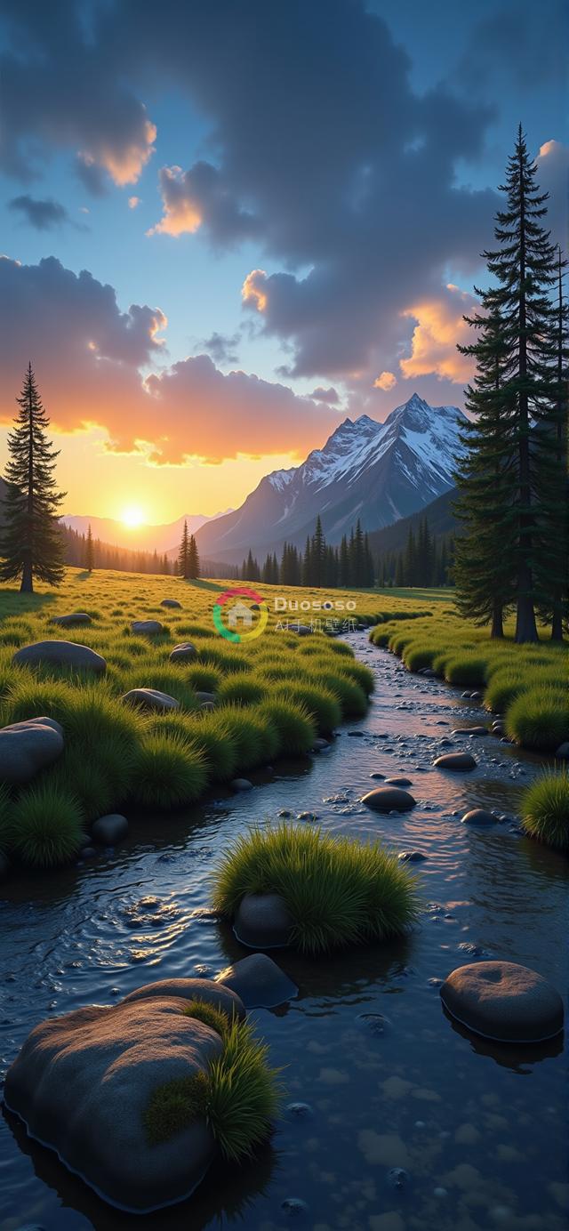 日落时分雪山谷幽美画卷：金光沐浴、碧流蜿蜒、静谧深遂