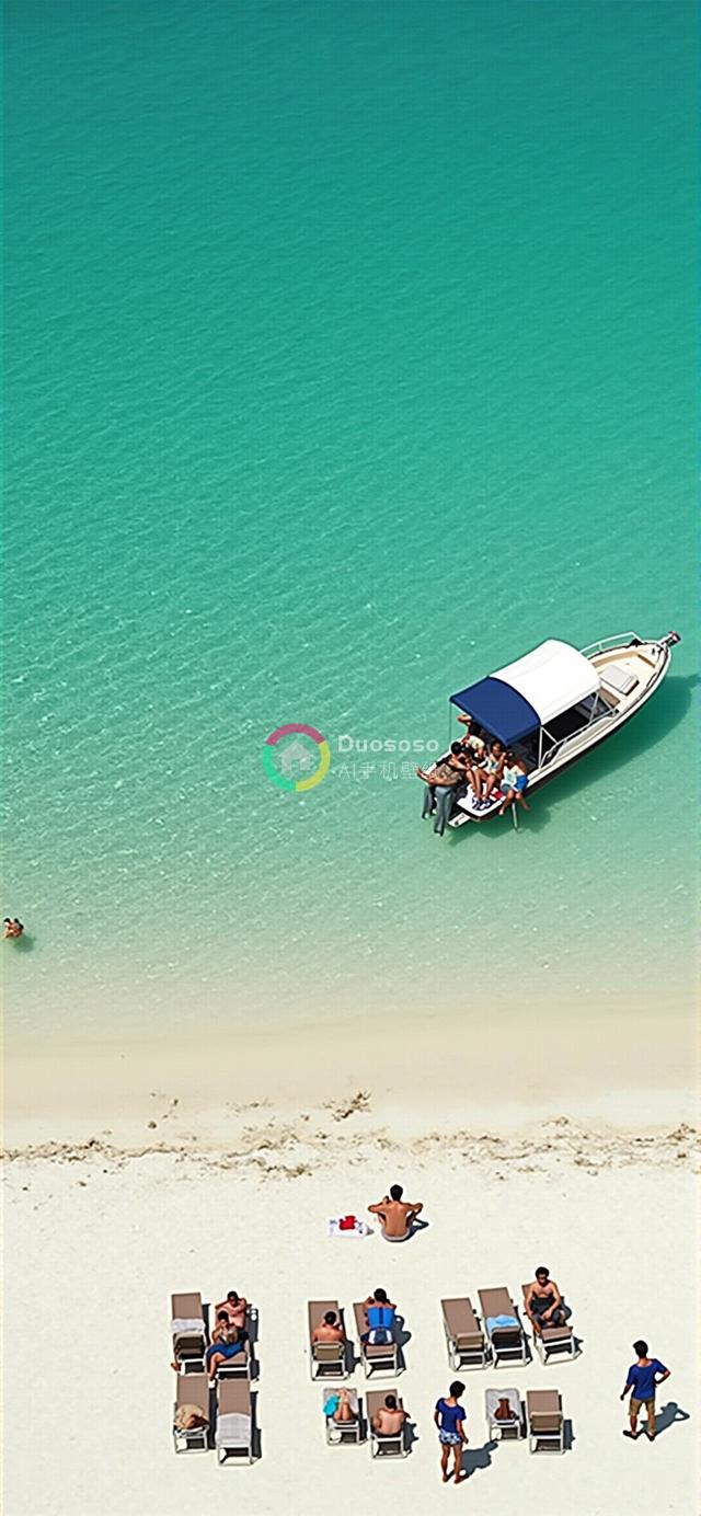 “高空俯瞰热带海滩：清澈碧波与休闲人影构成宁静画卷”