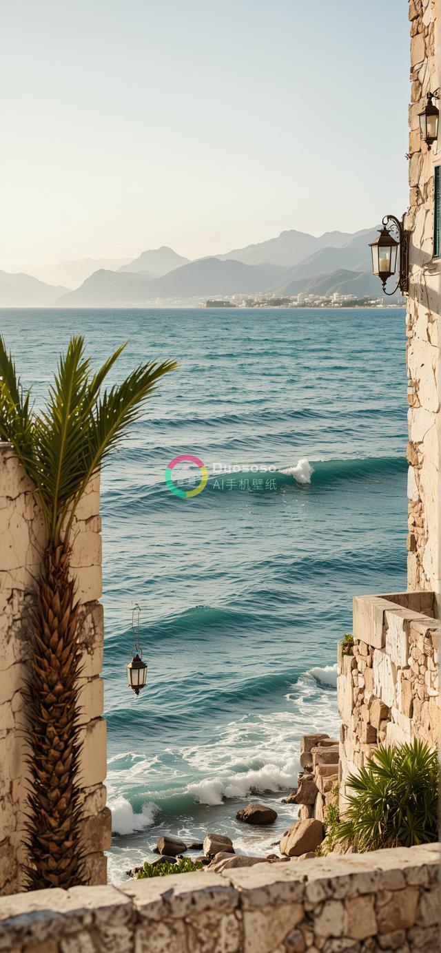 古石建筑与葱郁棕榈树框映下的宁静碧海摄影