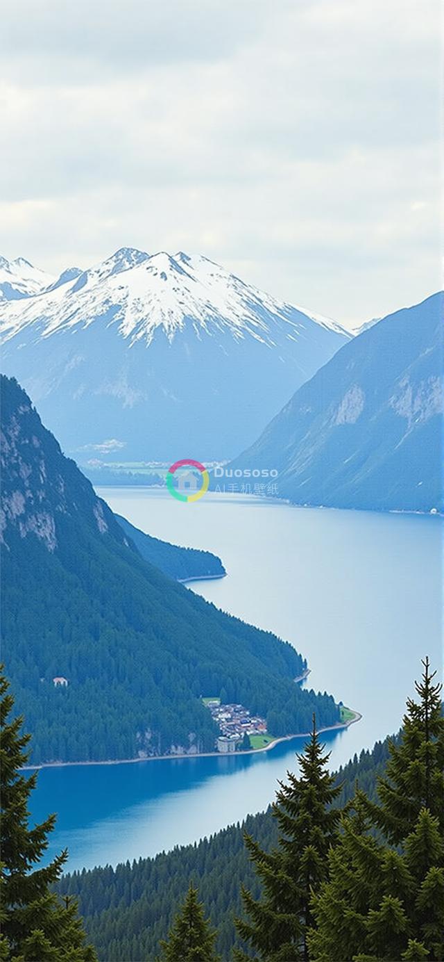 高视角下的绝美山村湖光：雪峰映衬下的蓝绿交融画卷