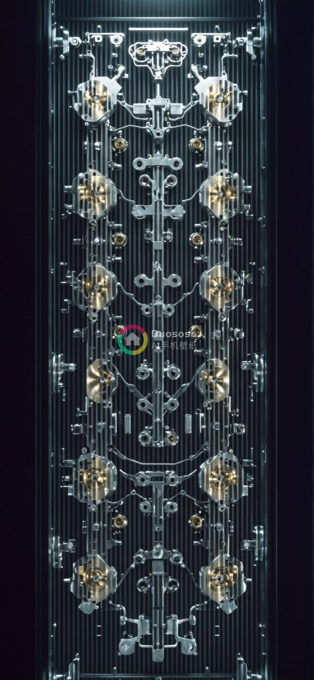 复杂机械装置对称光影艺术照：齿轮弹簧金属组件深度呈现