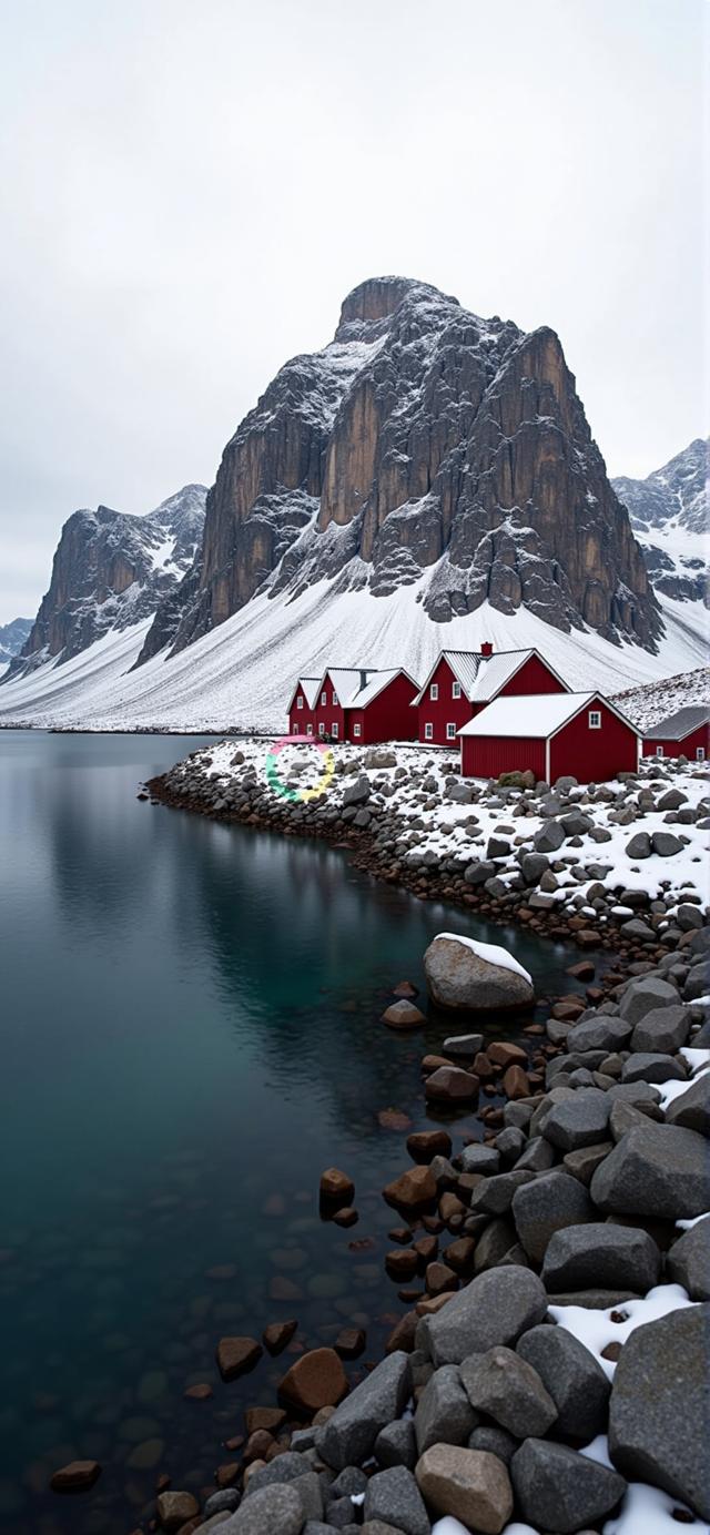 冬日山湖宁静风光：雪覆红顶屋与传统岩石构成画中境