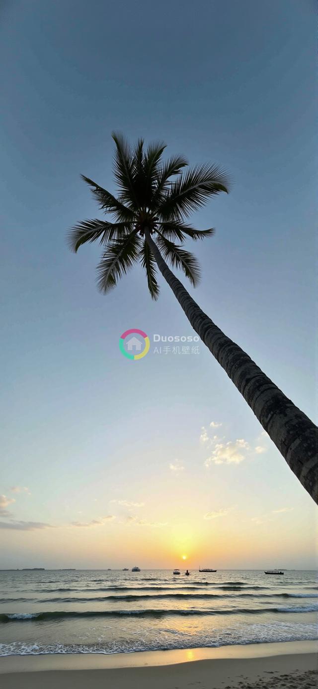 热带海滩日落低角度摄影：静谧海景与苍穹交织之美