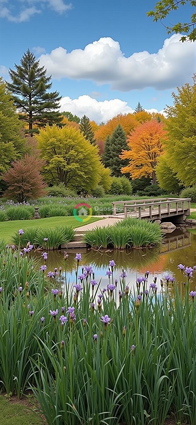 宁静秋日花园：曲桥映碧波，彩树云霞共绘秋色画卷