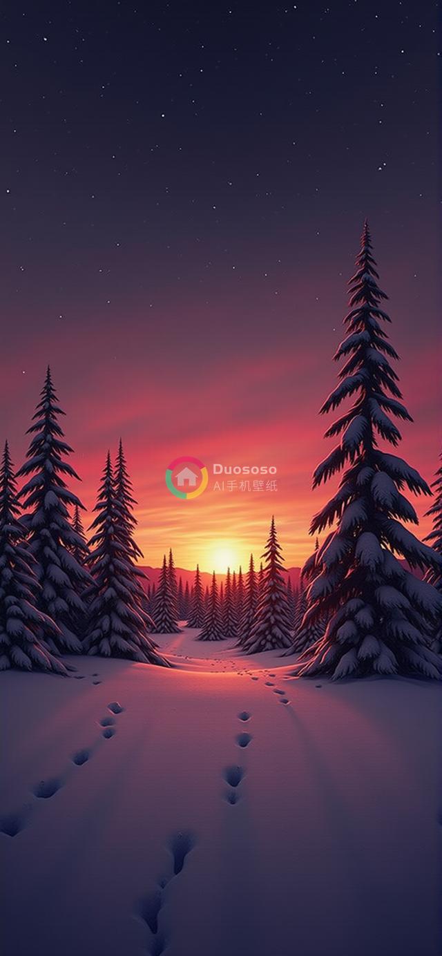 宁静冬日松林日落：雪径动物足迹映衬晚霞美景