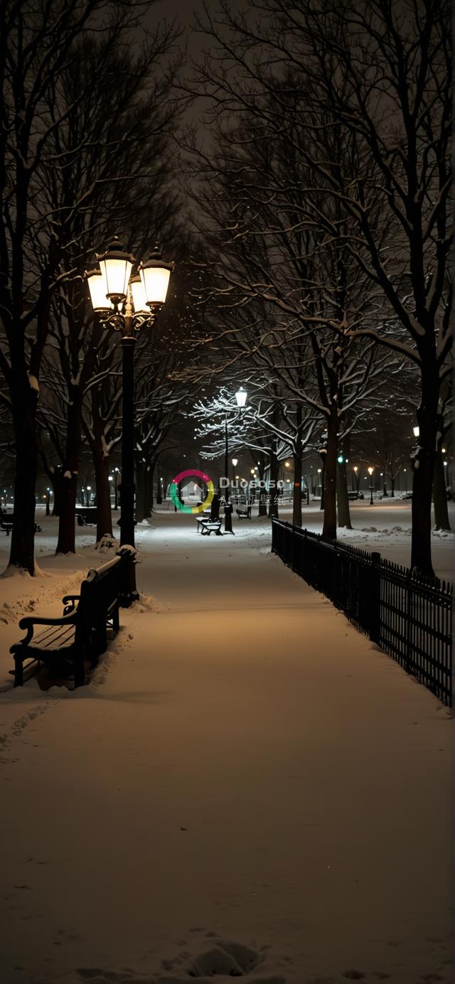 夜色中装饰灯柱照亮的雪覆盖公园小径景观