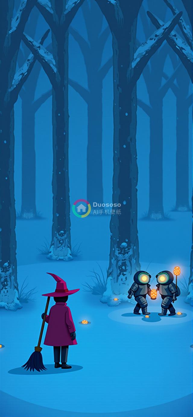 蓝色调儿童插画：粉衣巫师与森林雪地机器人