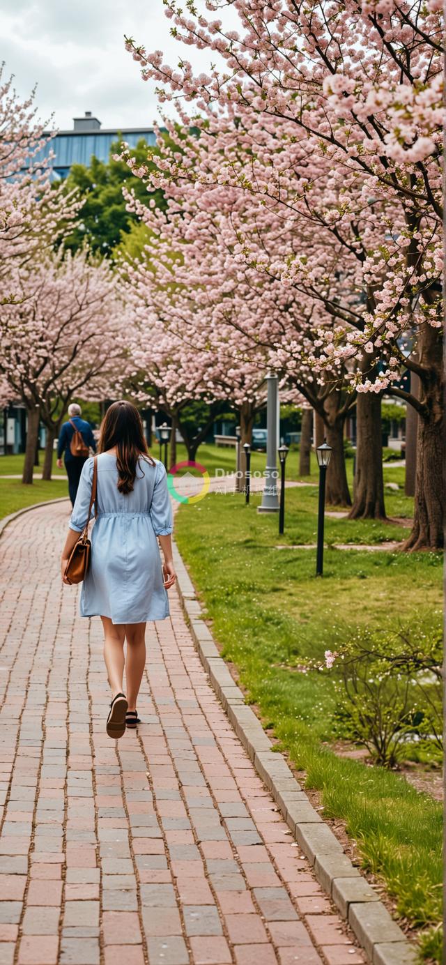 春日樱花下，长发女子沿砖径漫步远离镜头
