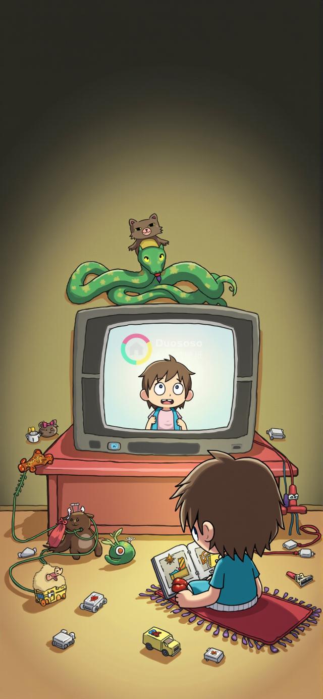 卡通风格插画展现男孩沉浸图书与玩具世界的温馨场景