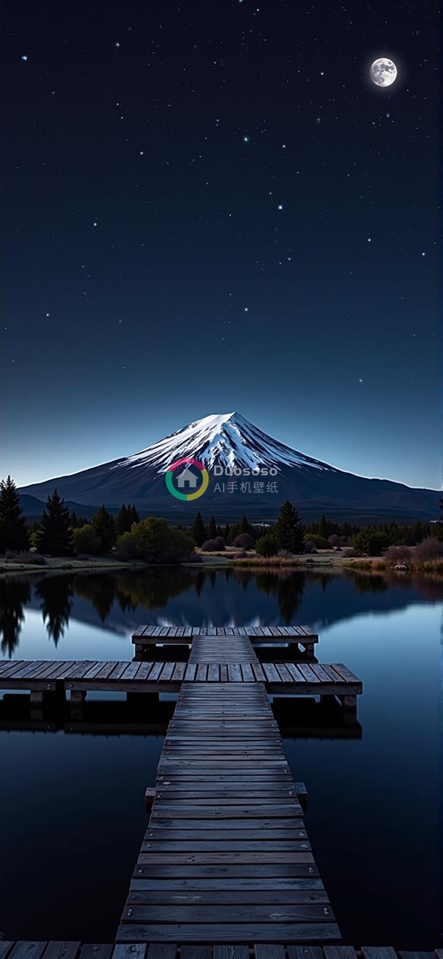 富士山脚下的宁静湖泊夜景：月光映照雪峰，星光点缀夜空
