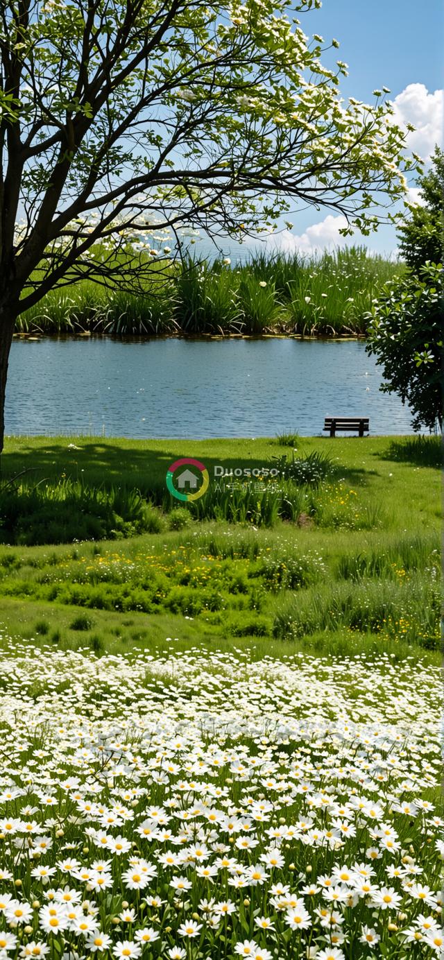 春日宁静湖畔公园美景：雏菊盛开的田野、和煦的蓝天与湖畔绿意盎然