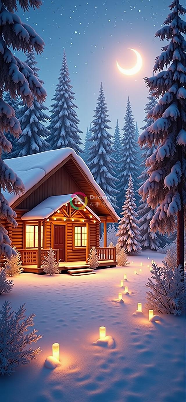 暮色雪林中温馨小木屋，星光月夜下的冬日魔幻仙境