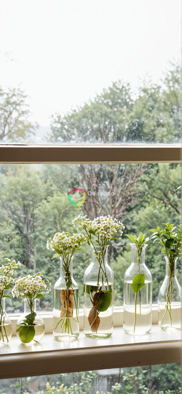 窗台上一排装点花卉和绿植的玻璃花瓶，眺望翠绿森林的明净画面