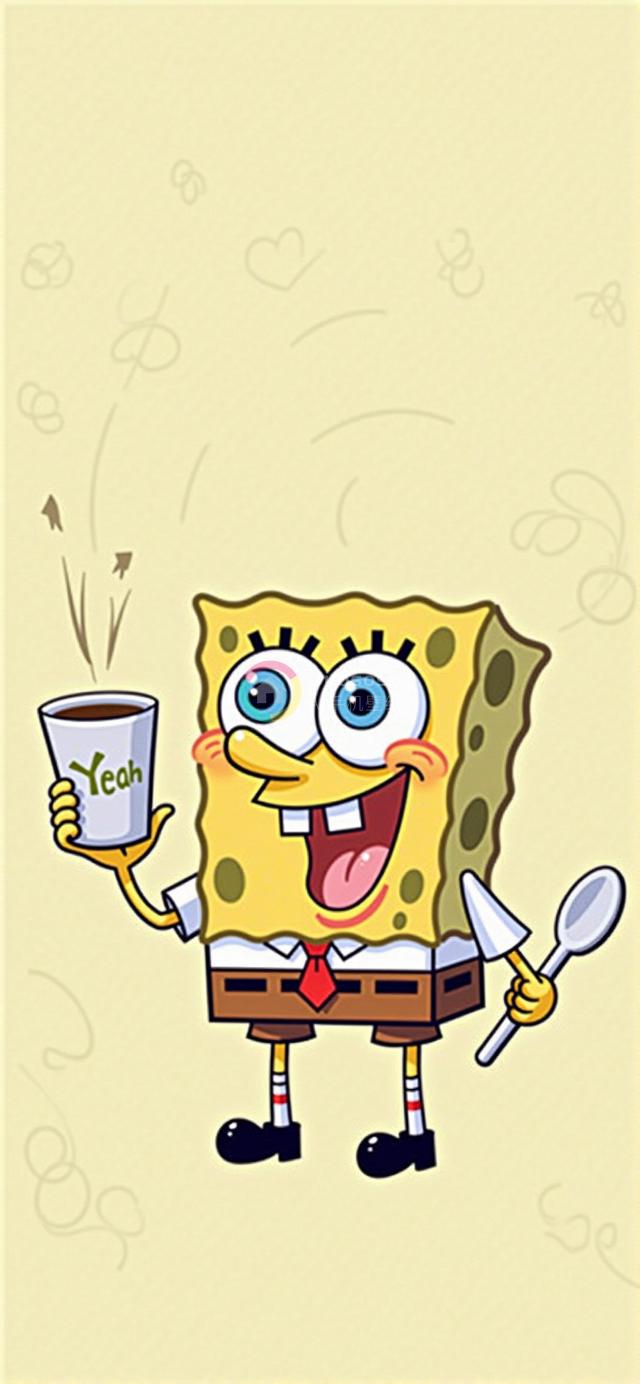 卡通风格海绵宝宝活力早晨形象渲染，兴奋表情手持蒸汽咖啡杯