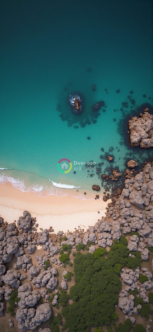 “高空视角下的隐秘海滩：碧海白沙与岩峰绿植的绝美风光”