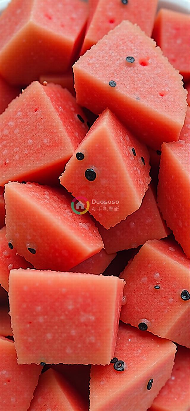 高角度展现新鲜切块西瓜鲜艳纹理与饱满黑籽