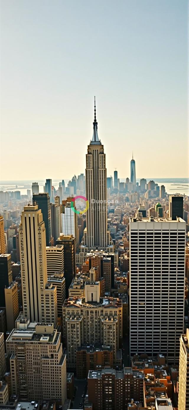 俯瞰纽约天际线：帝国大厦耸立，摩天大楼群簇拥，城市壮丽尽收眼底