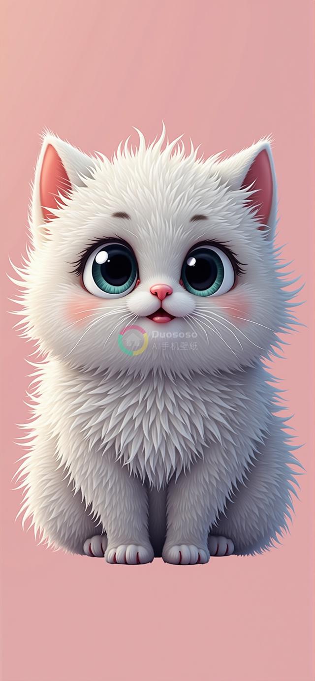 高清渲染白色绒毛小猫肖像，粉色背景凸显蓝色绿眼萌态