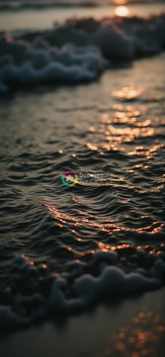 落日余晖下海浪轻拂沙滩的温馨摄影