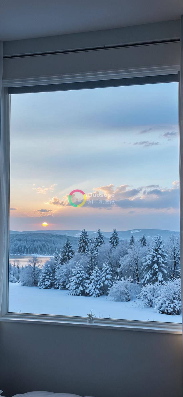雪景窗前景：落日余晖下的蓝粉渐变冬森林