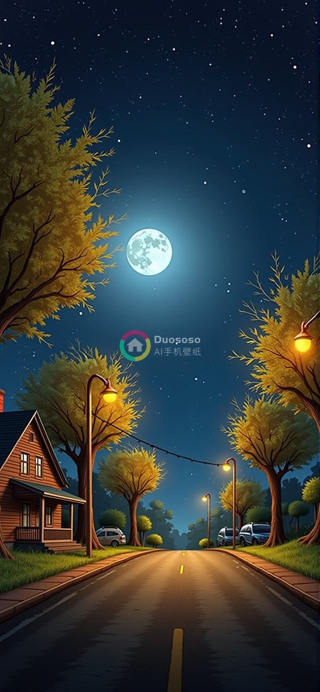 夜色下温馨卡通风格郊区街道插画