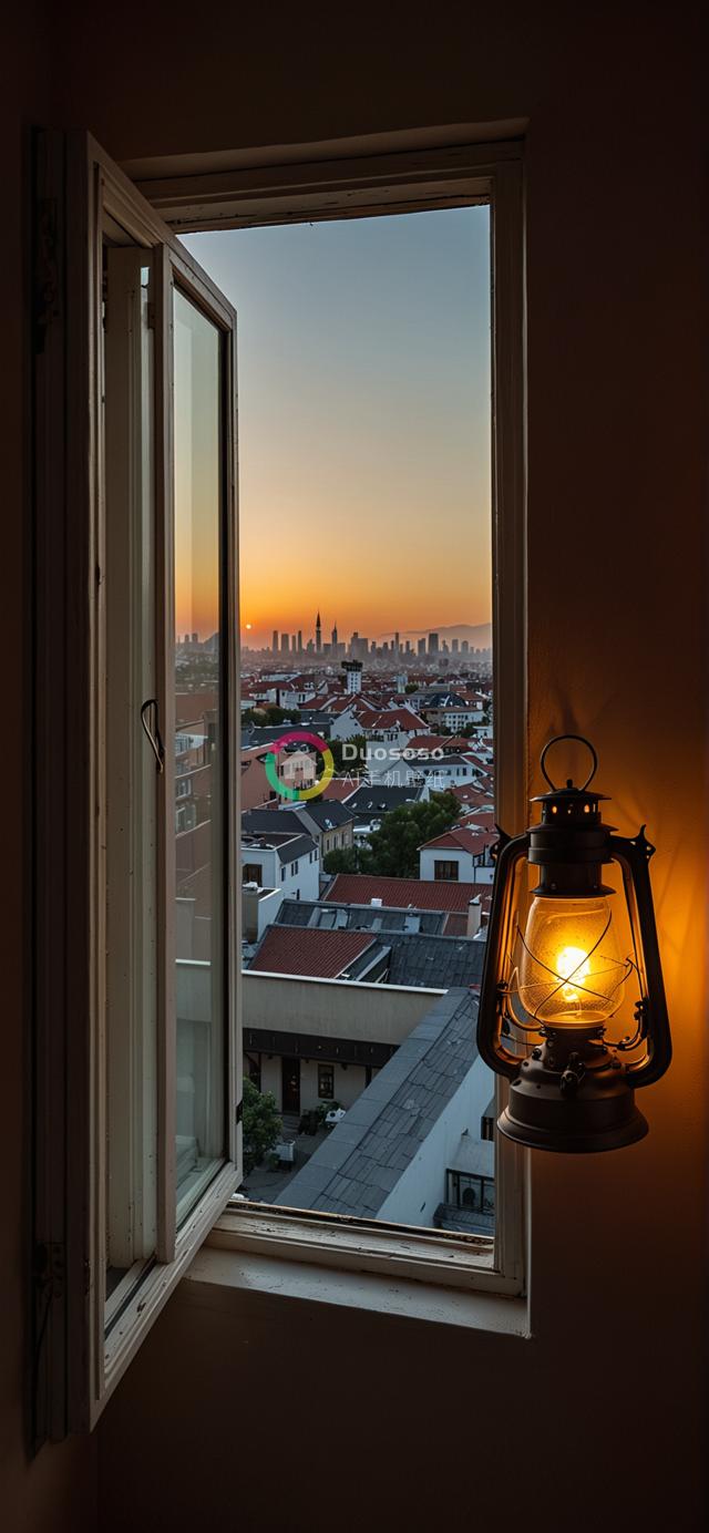 黄昏城市风光照：透过开启的白框窗捕捉落日余晖