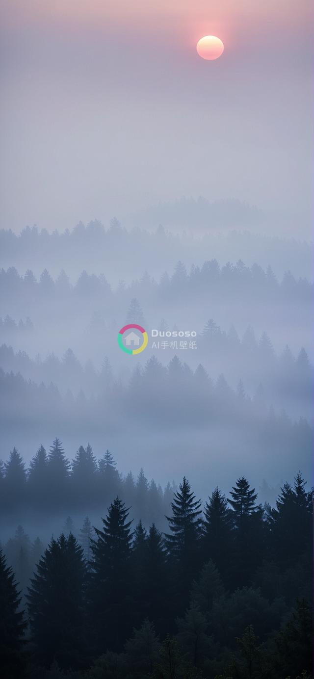 迷雾森林日出：宁静松涛与淡雅光影的深远之作