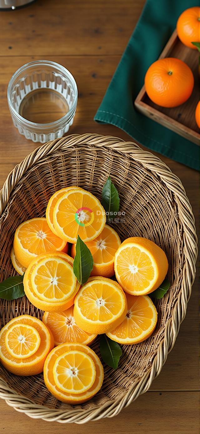 木桌上装满半切橙子的藤编篮照片：鲜亮多汁，绿意点缀，温馨自然光映衬