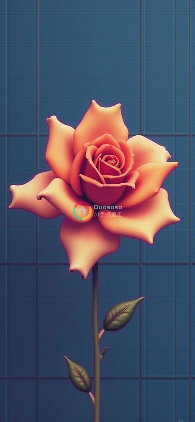 简约风格卡通玫瑰画作，几何蓝背景凸显橙色花朵生动姿态