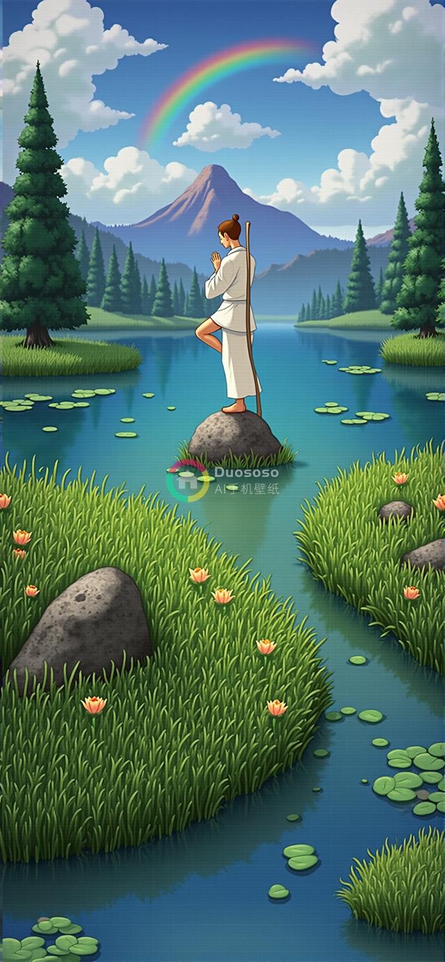 宁静风景中白衣瑜伽者单体照：遥望彩虹山脉的冥想时刻