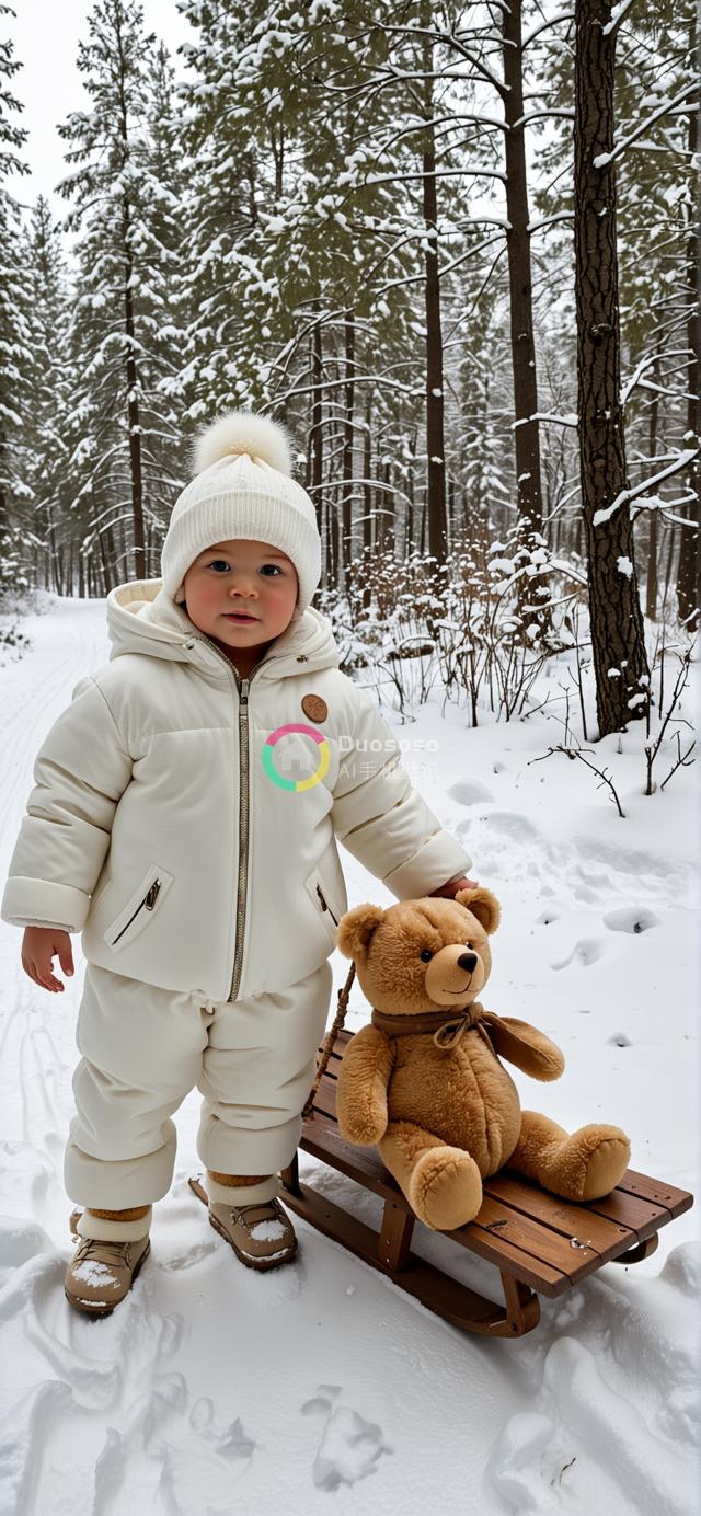雪林中幼儿携泰迪熊雪橇的温馨瞬间
